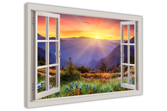 Sunrise Over Mountains Through A Window Bay Effect on a Framed