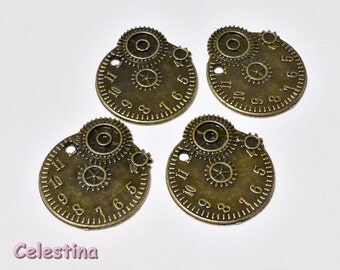 4 x Antique Bronze Watch Part Charms Steampunk - 20mm x 21.5mm x 1.5mm Victoriana - Cogs Wheels Gears TS444