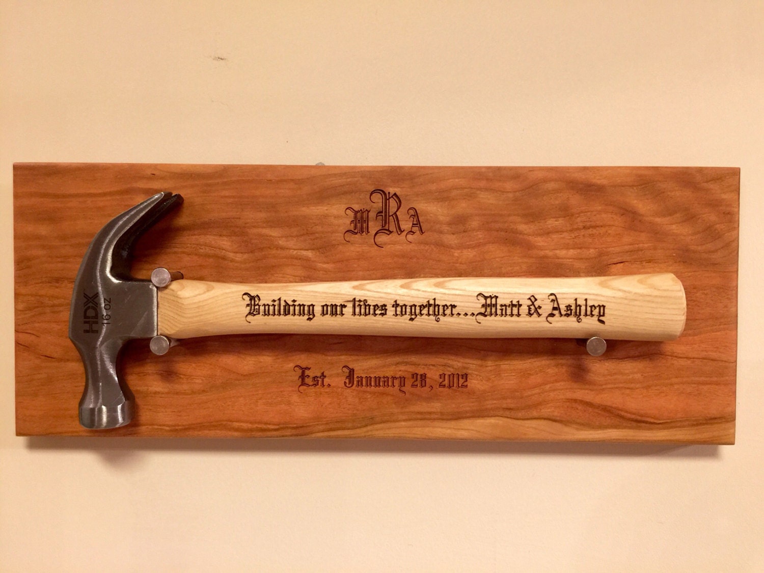 Wedding HAMMER DISPLAY PLAQUE And 16 ounce Hammer Laser