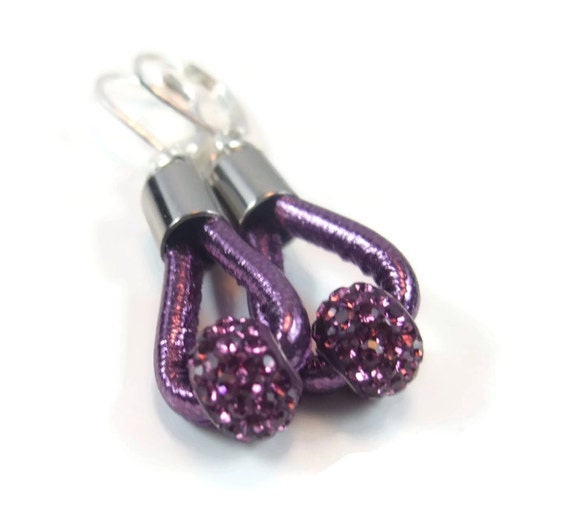 Purple Leather Earrings, Womens Beaded Earrings, Leather Jewelry ...