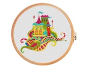 Fairy tale castle with towers, flags in different colours - cross stitch pattern - children's room baby birthday magic dreams nursery decor