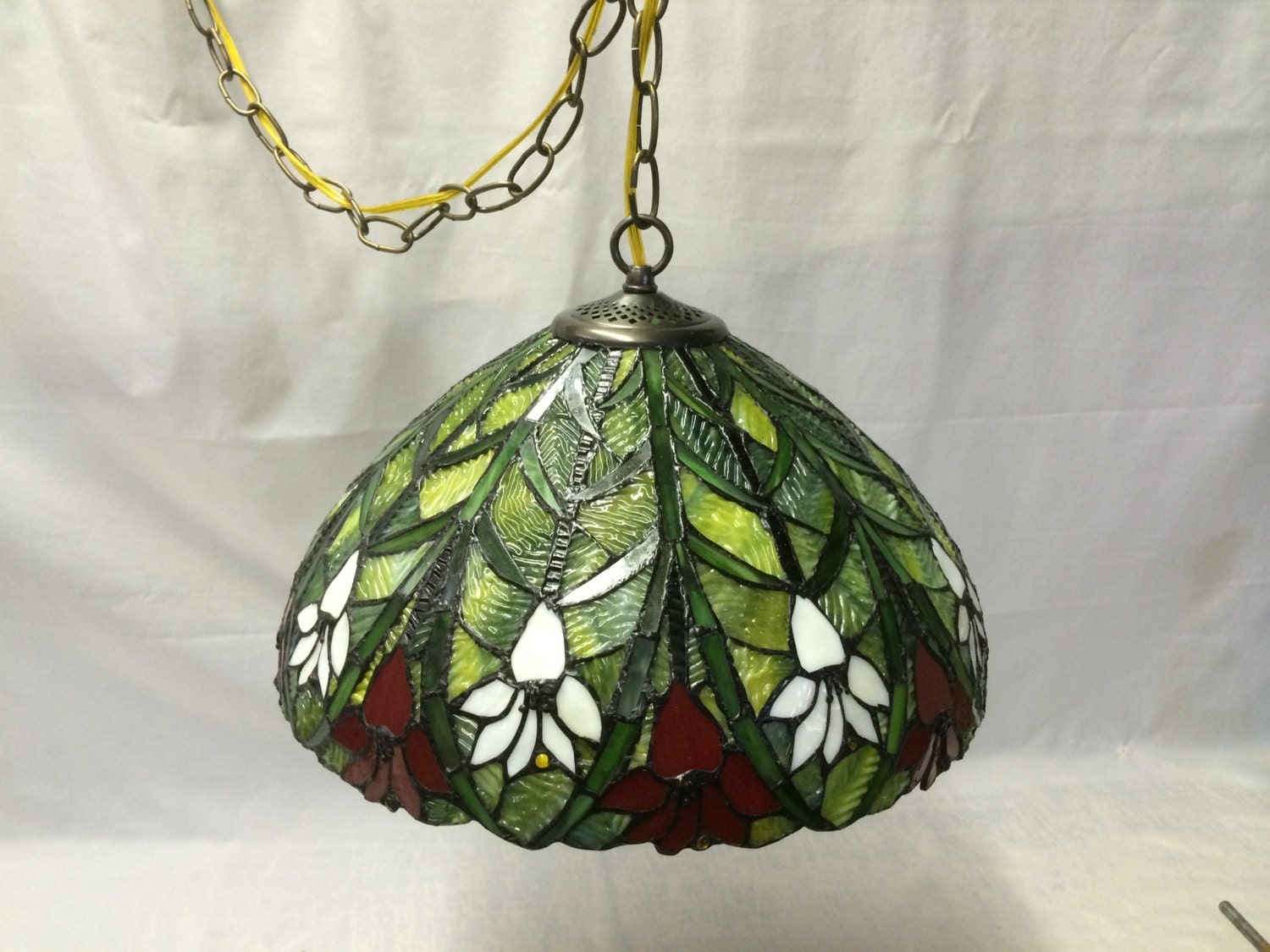 Stained Glass hanging Swag lamp w/15' cord & plug by Cosaslighting