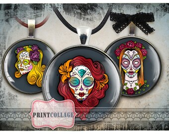 Sugar Skull Digital Printable Sheet Cabochon images 1.5 inch 1inch 18 mm, 14 mm round images Printable images Instant download c29