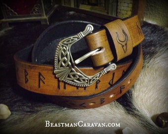 Norse Runic Viking Belt with Knotwork Buckle - Elder Futhark - Asatru Heathen Pagan Magickal