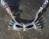Silver Rhinestone Mardi Gras Mask Masquerade Statement Necklace Bracelet and Earrings Jewelry Set with Amethyst and Purple Mardi Gras Beads