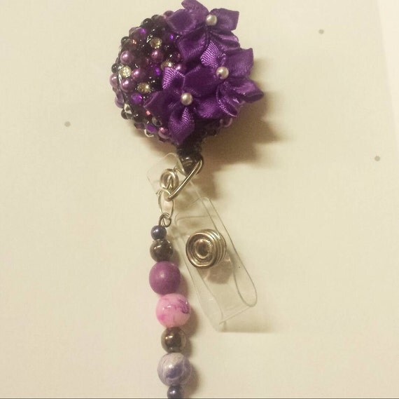 Decorated badge reel Purple fabric flowers by ChiChisKreations