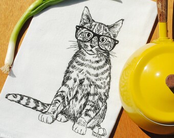 Cat Flour Sack Tea Towel - 100% Cotton Kitchen Towel - Screen Printed Dish Towel - Black Kitten - Cat Towel - Animal Towel