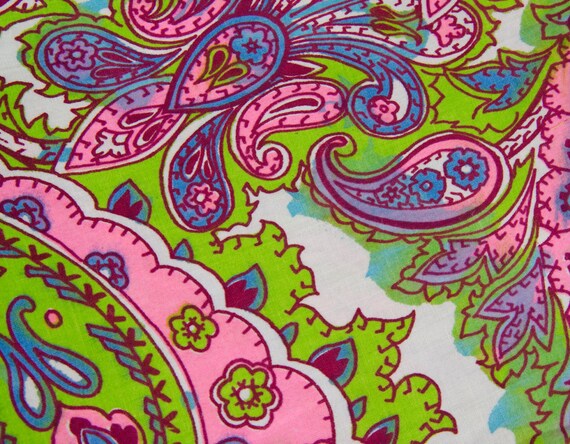 BTY Mod Paisley Cotton Fabric Pink Green Blue 1960s Rustic