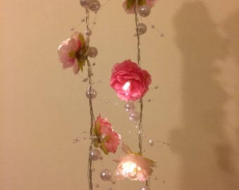 Pink Rose Garland Fairy Lights with Pearl Strings, Pink Rose Flower String Lights, Wedding Decor