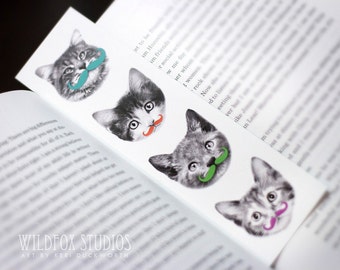 Moustachioed Cat Bookmark - Funny Bookmark, Cat Bookmark, Animal Bookmark