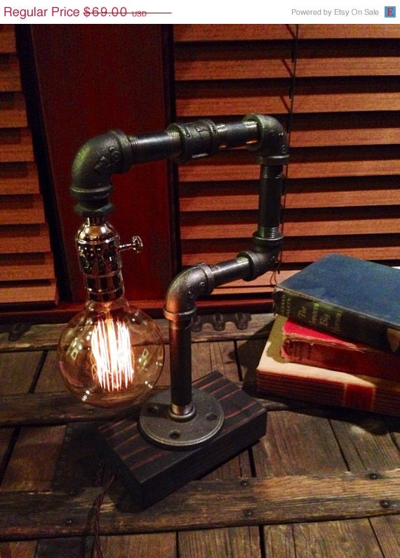 ON SALE Edison Light Metal Desk Lamp, Reclaimed Wood Base - BULB Included / Vintage Industrial Lamp / Steampunk Light / Table Lamp