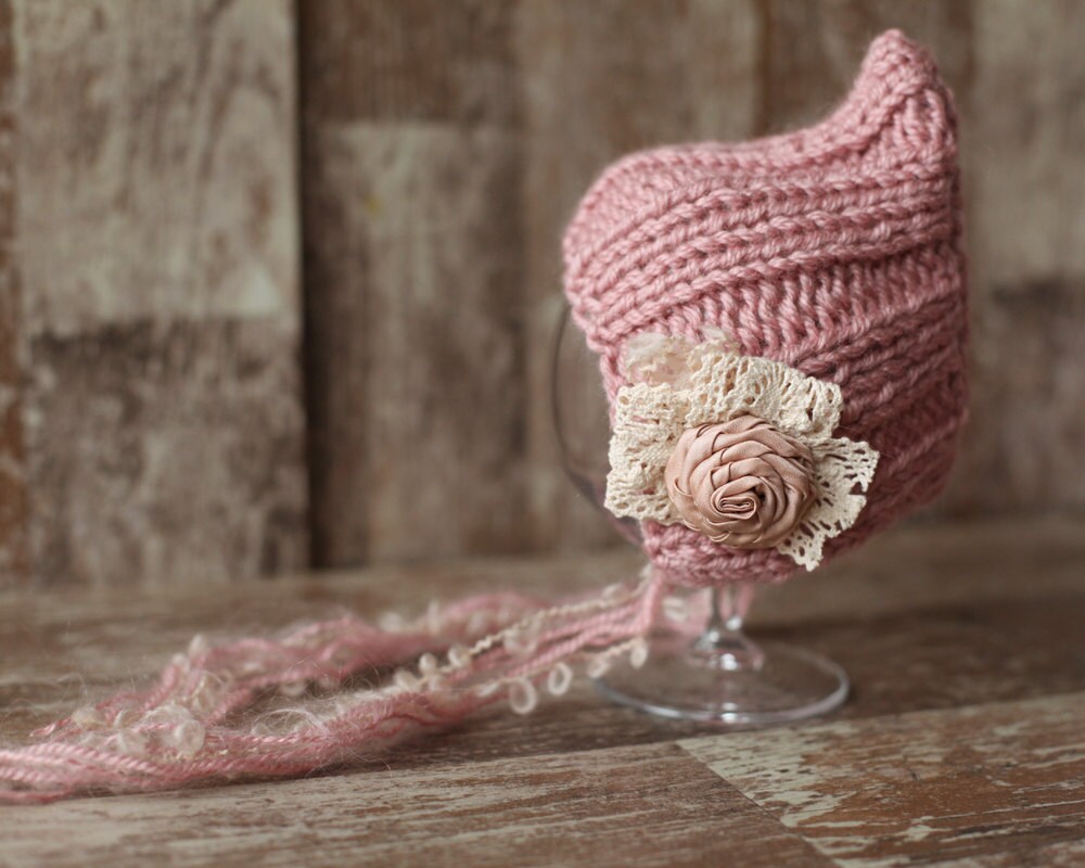 Knitted Newborn Hat, Wool Baby Girl Bonnet, Vintage Knitted Hat, Knit baby girl hat, Flower Hat, Photo prop,Beanie, Rustic, Shabby bonnet,