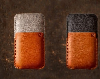 NEW One Plus 5 One Plus 3T OnePlus X OnePlus 3 OnePlus 2 OnePlus One case wallet light grey/ dark grey merino wool felt full grain leather