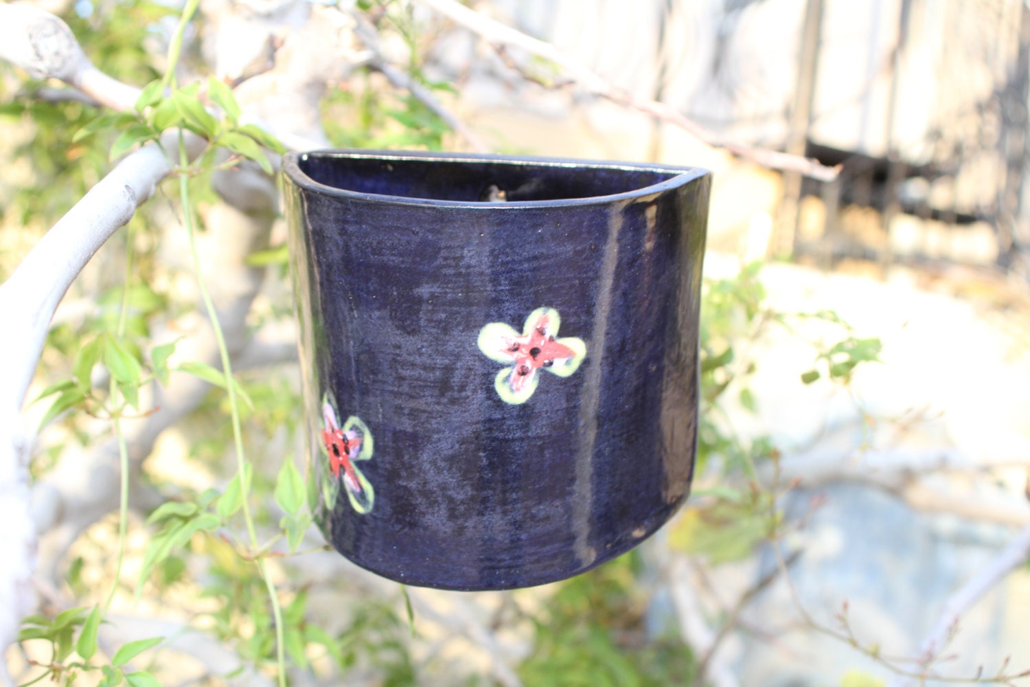 Hanging planter black ceramic wall pocket by ManuelaMarinoCeramic