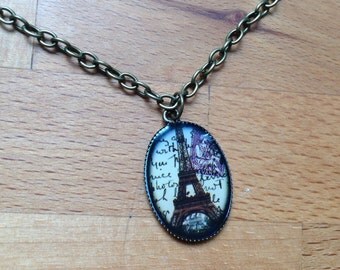 Antique brass Parisian (eiffel tower) stamp print in cameo cabochon setting - antique necklace