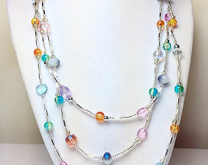 Multicolored necklace, color necklace, triple strand necklace, crystal necklace, beaded necklace, summer necklace