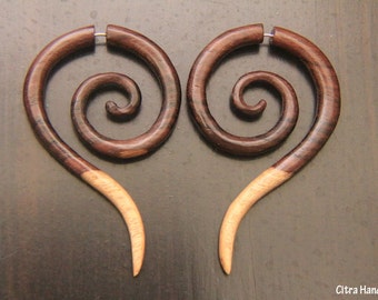 Fake Gauge Earrings, Long Tail Spiral Wooden Earring w Multi Color Gradation, Sono Wood, Tribal Style, Handcarved