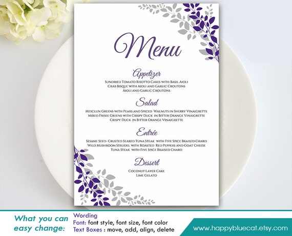 j printable template Download Instant Template Printable Menu DiY Wedding