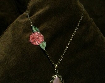 Rose and Pink Amethyst Leather Necklace