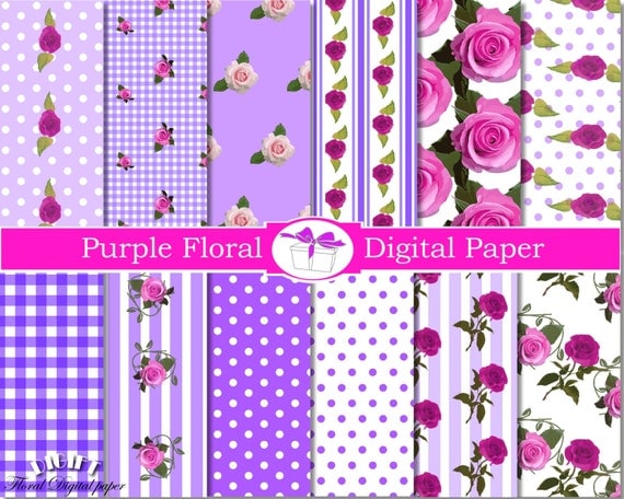 Purple flower digital paper floral decor Shabby chic digital paper Floral decal Pink Rose scrapbook paper flowers decals Floral background
