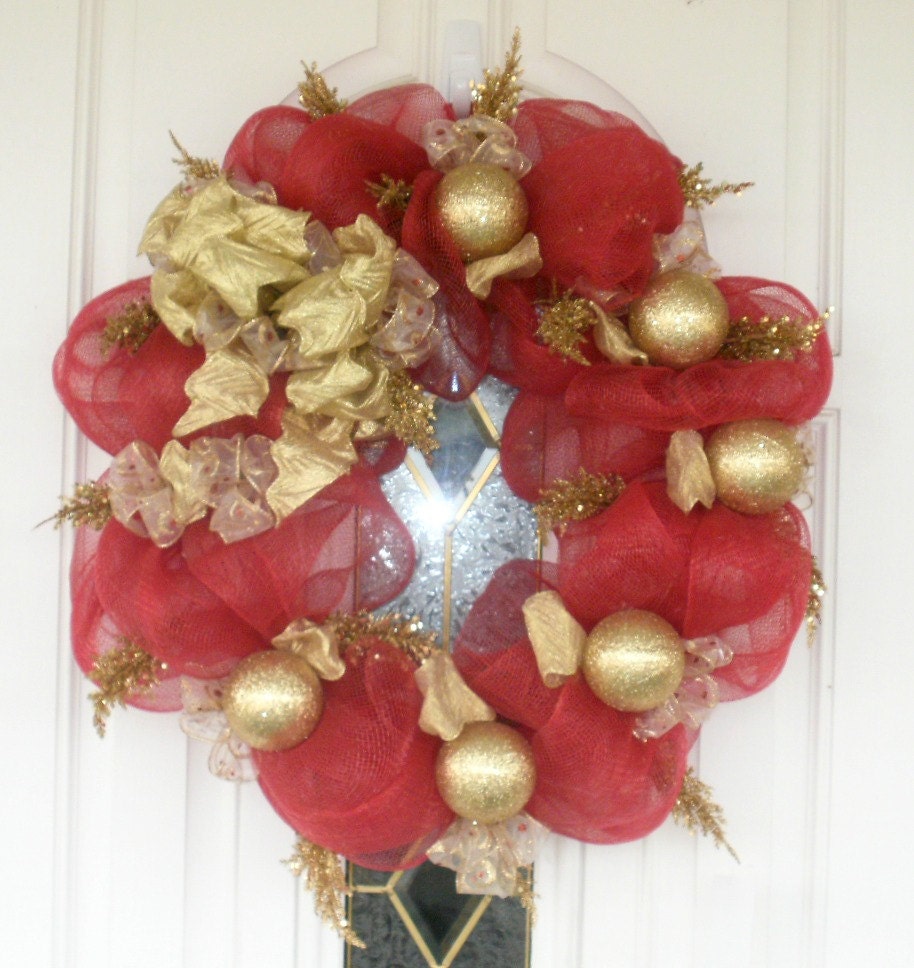 25% Off, Was 55.00 Off, Sale Wreath, Christmas Wreath, Mesh Wreath, Red Wreath, Gold Wreath, Traditional Wreath, Red & Gold, Holiday Wreath