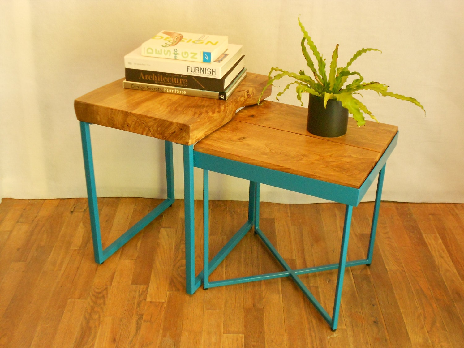 Wood Side Tables with PowderCoated Base Solid Wood End