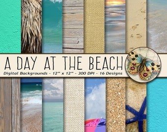 Beach Digital Paper, Beach Photo Backdrops Paper, Beach Textures Digital Paper, Sand, Burlap, Stucco, Ocean, Beach, Sun Umbrella