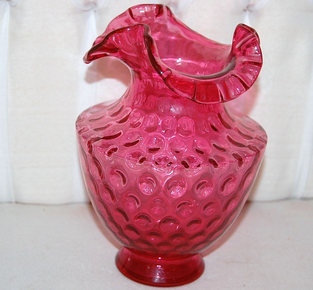 Fenton Glass Cranberry Ruffled Thumbprint Vase By Sugarbearscloset 5111