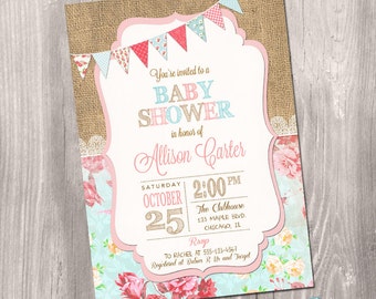 Shabby Chic Baby Shower Invitation, Girl Baby Shower Invitation, Vintage Baby Shower, Shabby Chic Invitation, Printable Invitation