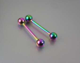 14g Titanium IP 316L Rainbow Nipple Tongue Bar Barbell Rings gauge 1/2" 12mm 9/16" 14mm 5/8" 16mm Oil Slick Piercing Jewelry Replacement