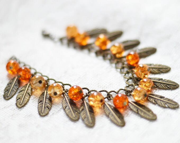 The feather of the Firebird // Bracelet metal brass, beads of glass craquelure // Boho Chic // Fashion // Orange, Brown, Beige, Ombre