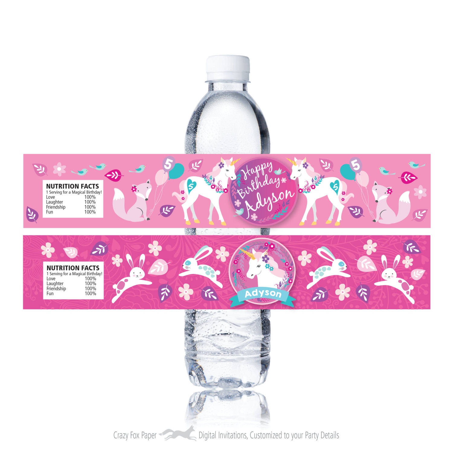 unicorn water bottle label customized printable by