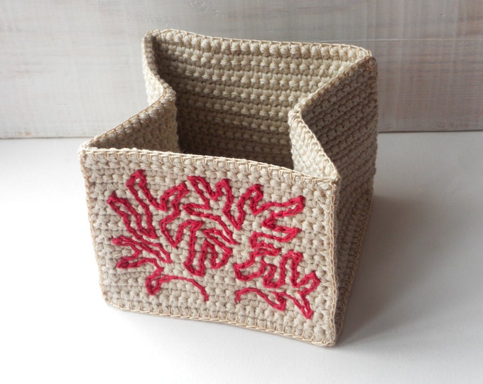 Nautical Decoration - Coral Embroidery on Sandy Basket - Nautical Storage - Nautical Decor - Beige Home Decoration - Ocean Decor