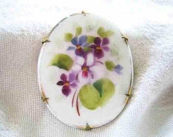 Victorian 1910 Violets Flowers Painted On Porcelain Brooch