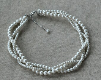 ivory pearl necklace,3-rows pearl necklaces,wedding necklace,bridesmaids necklace,glass pearls necklaces, pearl necklace,jewelry ,necklace