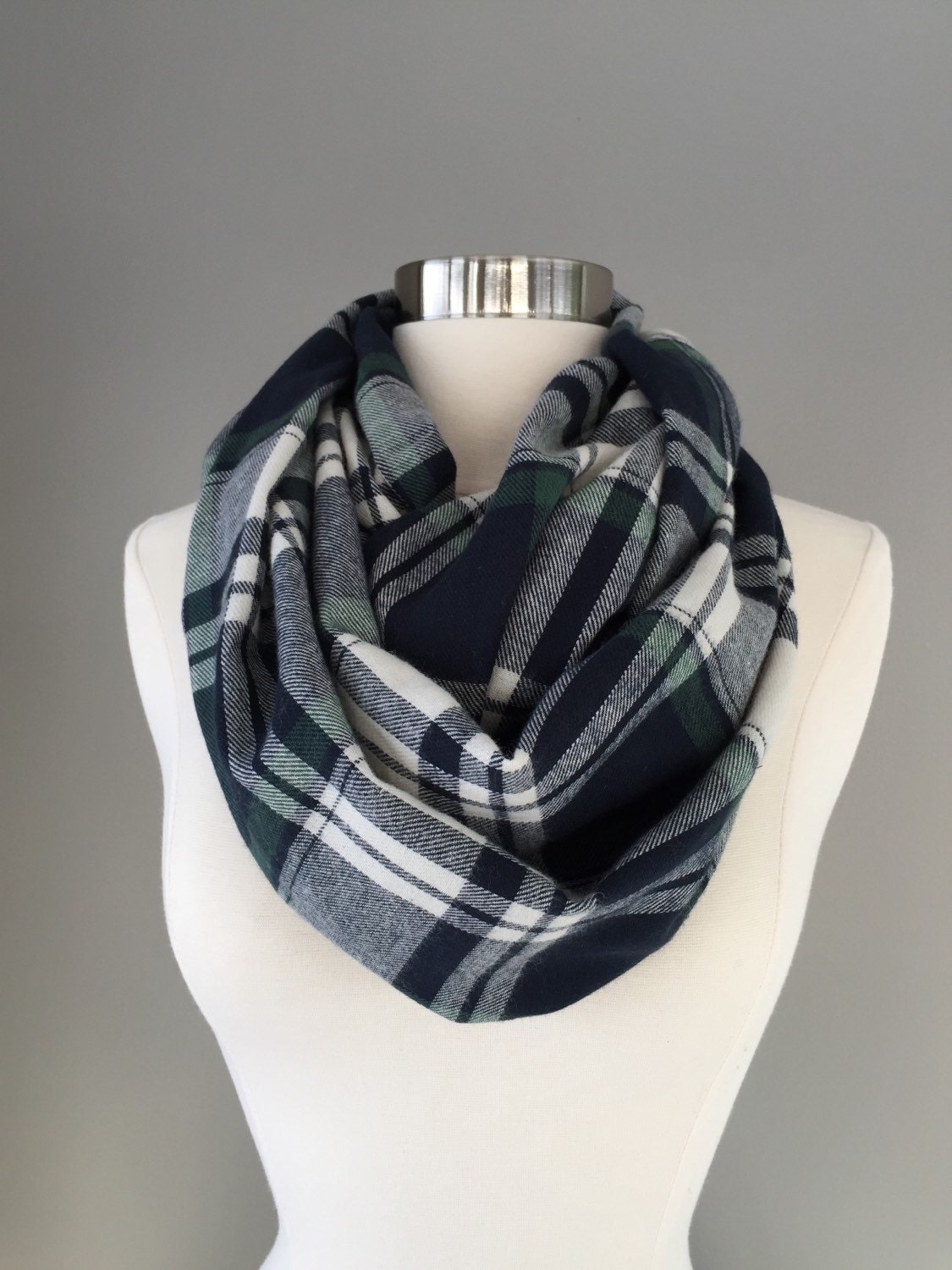Sale Plaid scarf navy blue green infinty scarf by shopVmarie