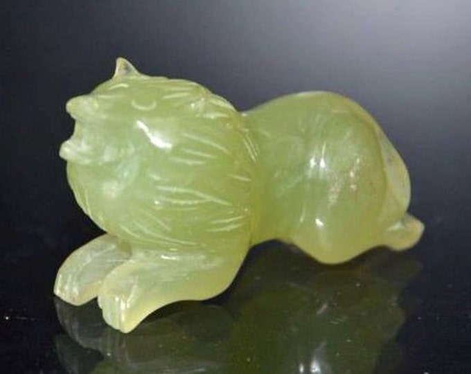Storewide 25% Off SALE Vintage Chinese Hand Carved Natural Jade Resting Guardian Lion Statue Featuring Semi Transparent Hues of Natural Gree