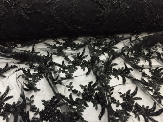 Black Flowers Embroider And Hand Beaded On A Mesh