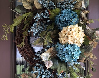 Summer Wreath, Spring Wreath, Front Door Wreath, Hydrangea Wreath