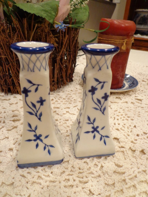 Blue and White Porcelain Candlestick Holders Pair of Blue and