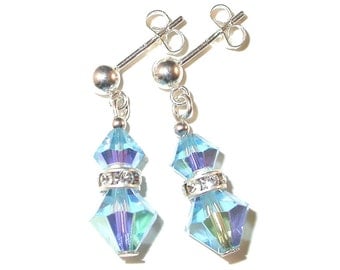 AQUAMARINE Blue Crystal Earrings Sterling Silver Swarovski Elements - Clip-on or Pierced