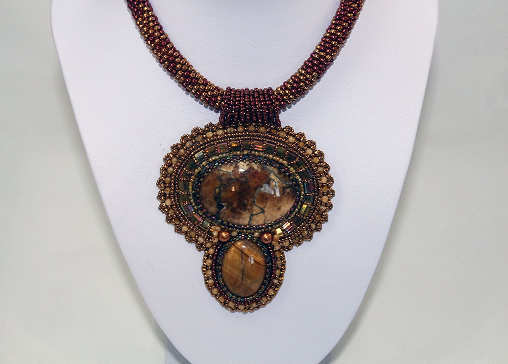 Embroidered Bronze necklace pendant for woman Beadwork
