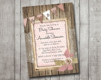 Girl Baby Shower Invitation Rustic Wood Pink Lace Bunting Banner Vintage Shabby Printable Customizable Digital File