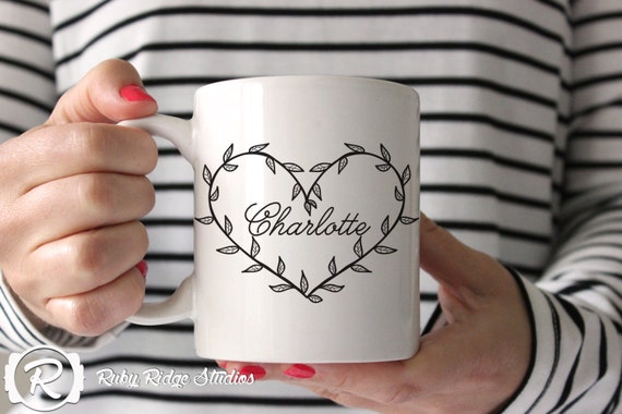 Personalised Name Coffee Mug, Heart Vine Floral Name Mug, Tea Cup, Ceramic Mug, Custom Name Mug, Personalised Gift, Valentine Gift, Under 50