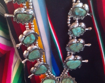 Magnificent Navajo 1940s Sterling Silver and Turquoise Squash Blossom Necklace