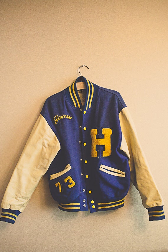 Vintage Letterman Jacket Blue and Yellow 73 L Varsity Jacket