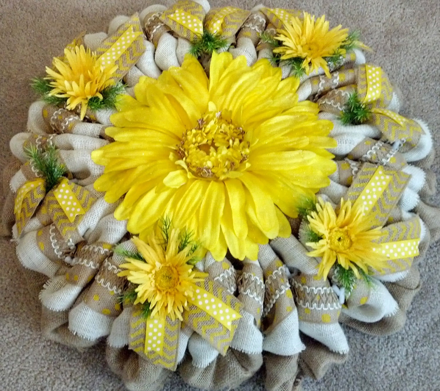 Yellow Daisy burlap wreath. Can custom by by SportSeasonalWreaths