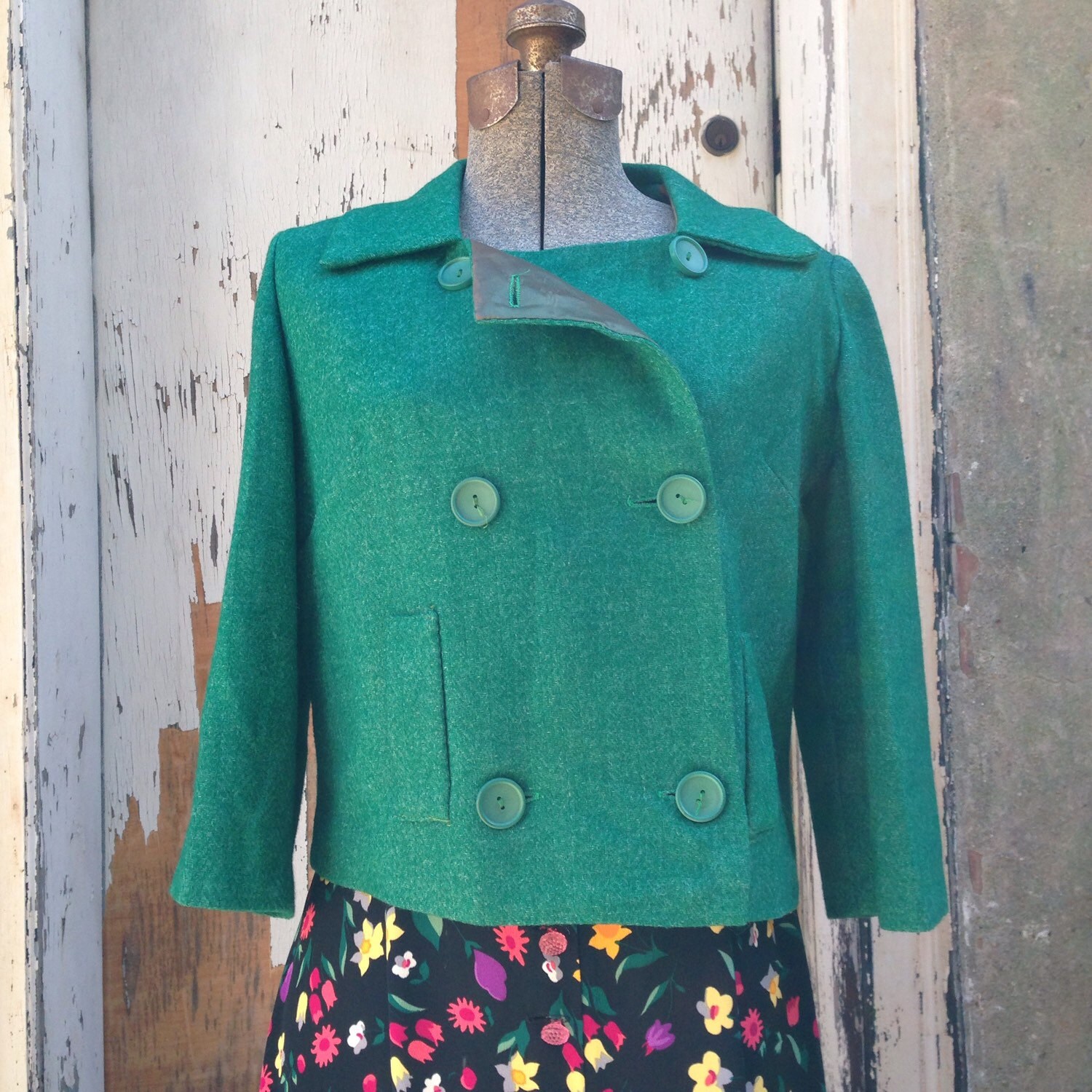 Vintage bolero jacket green wool dbl breasted lined