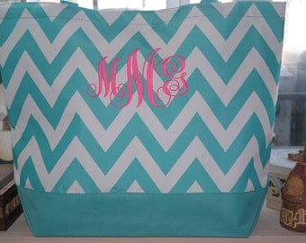 Turquoise CHEVRON Tote Bag Beach Bag With Monogram (Embroidery)-Bridesmaid Gift, Teachers, Mom