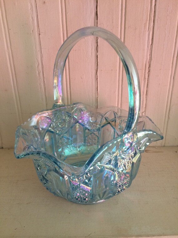 Vintage LE Smith Glass Iridescent Sky Blue Basket